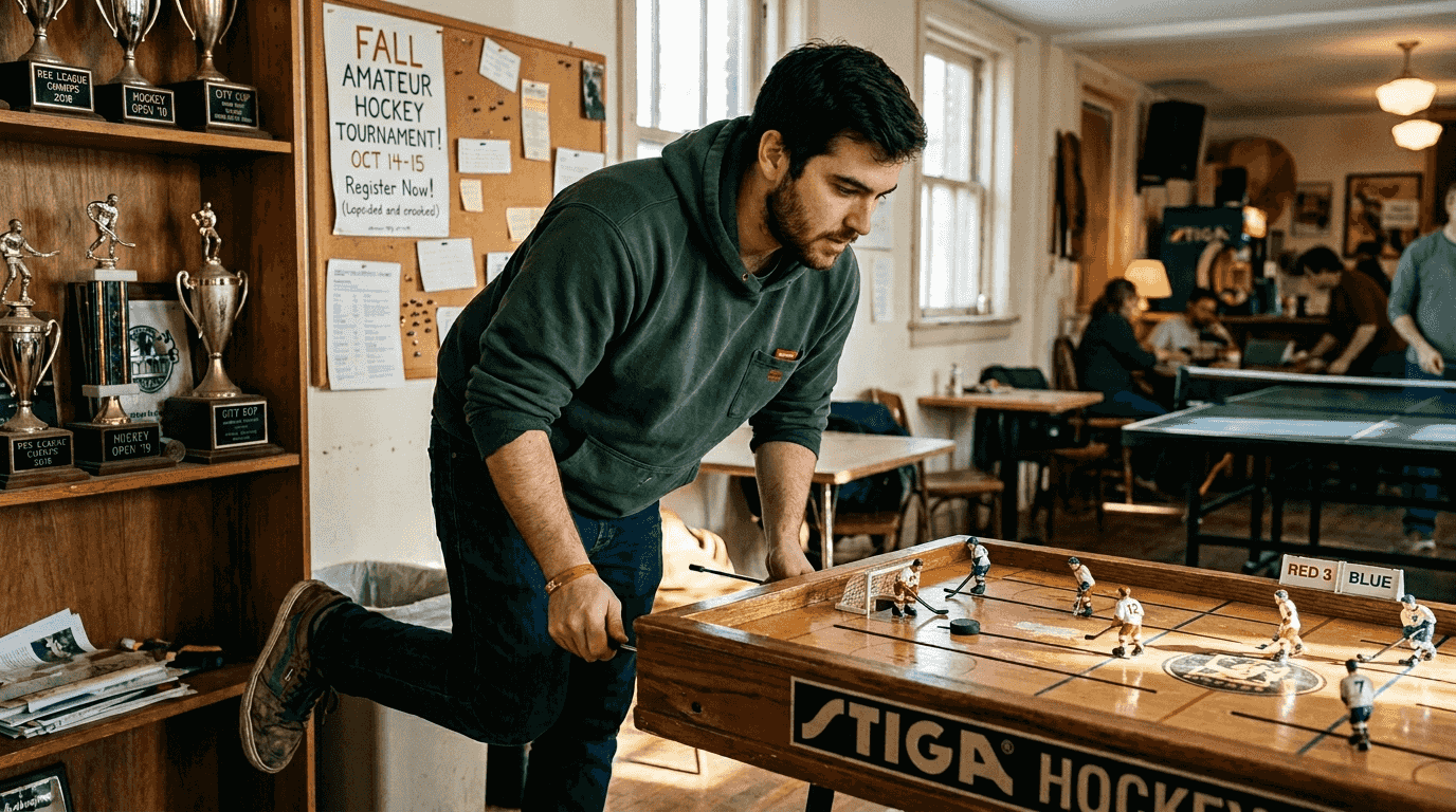 Table hockey player preparing balanced shot