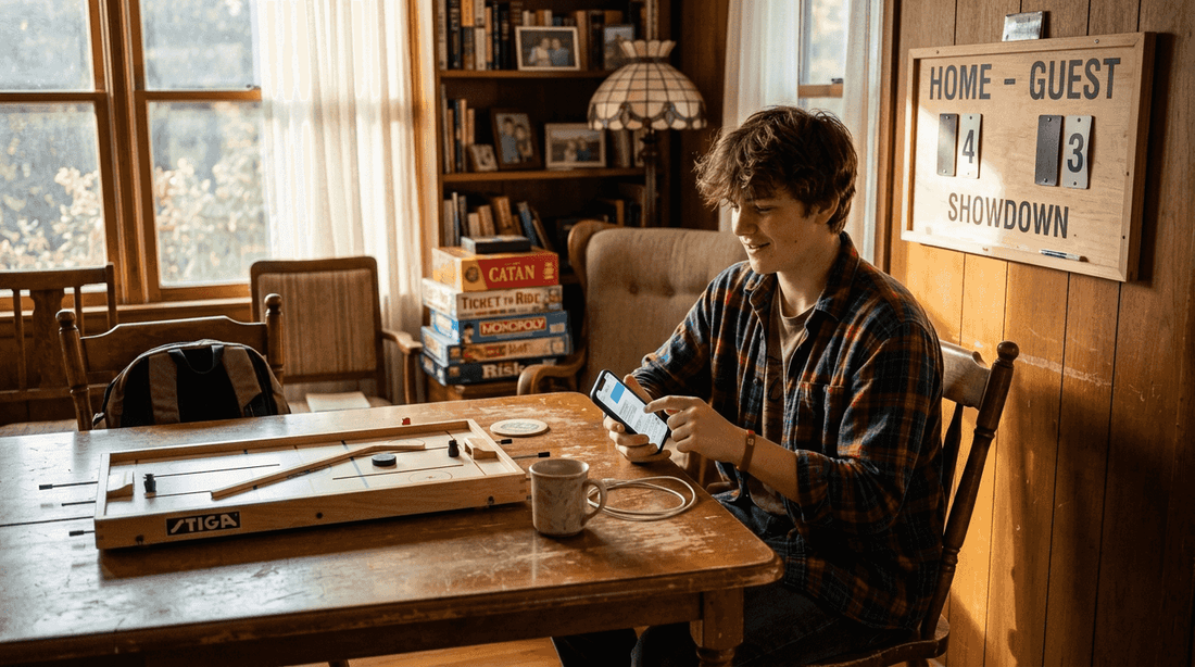 Table hockey player tracking progress in home