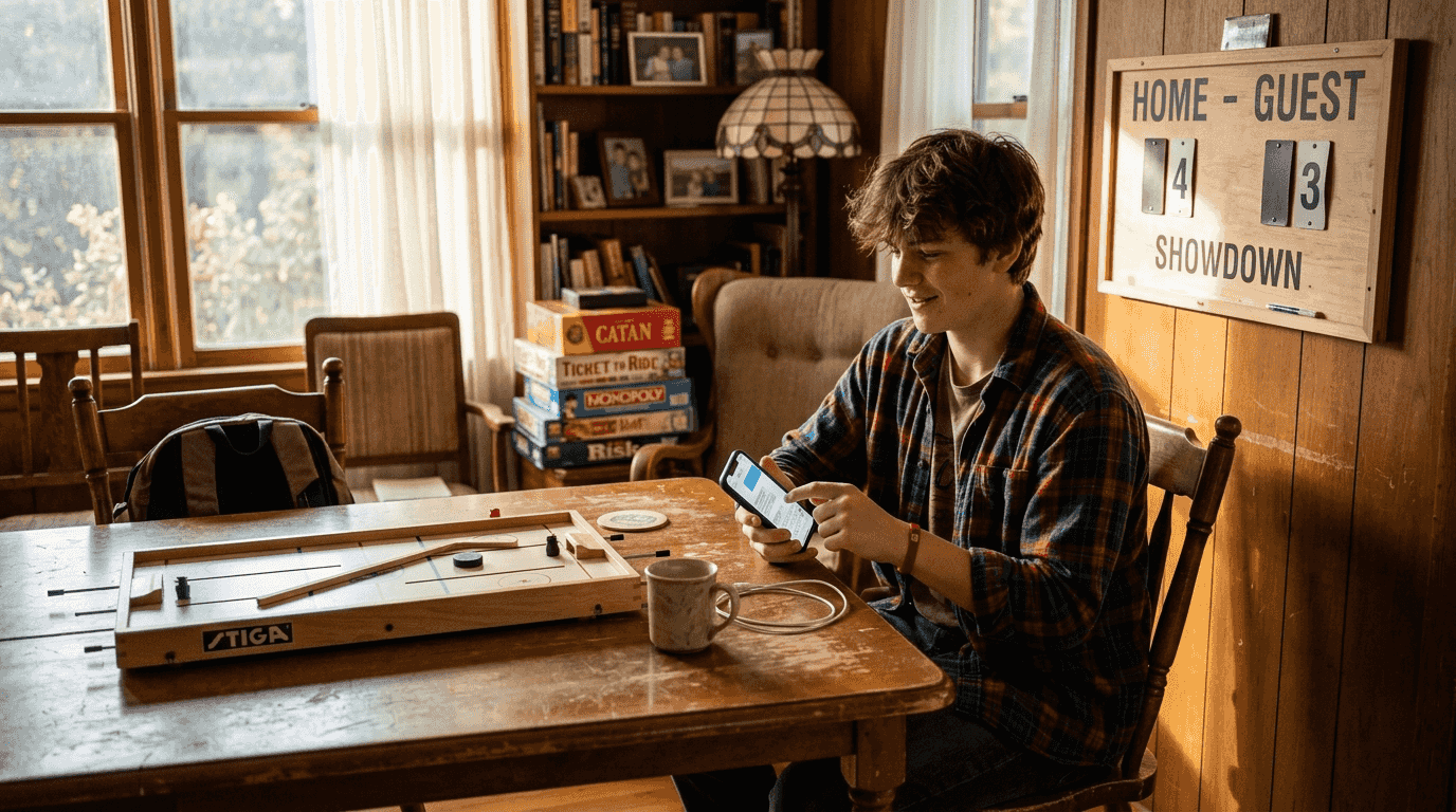 Table hockey player tracking progress in home
