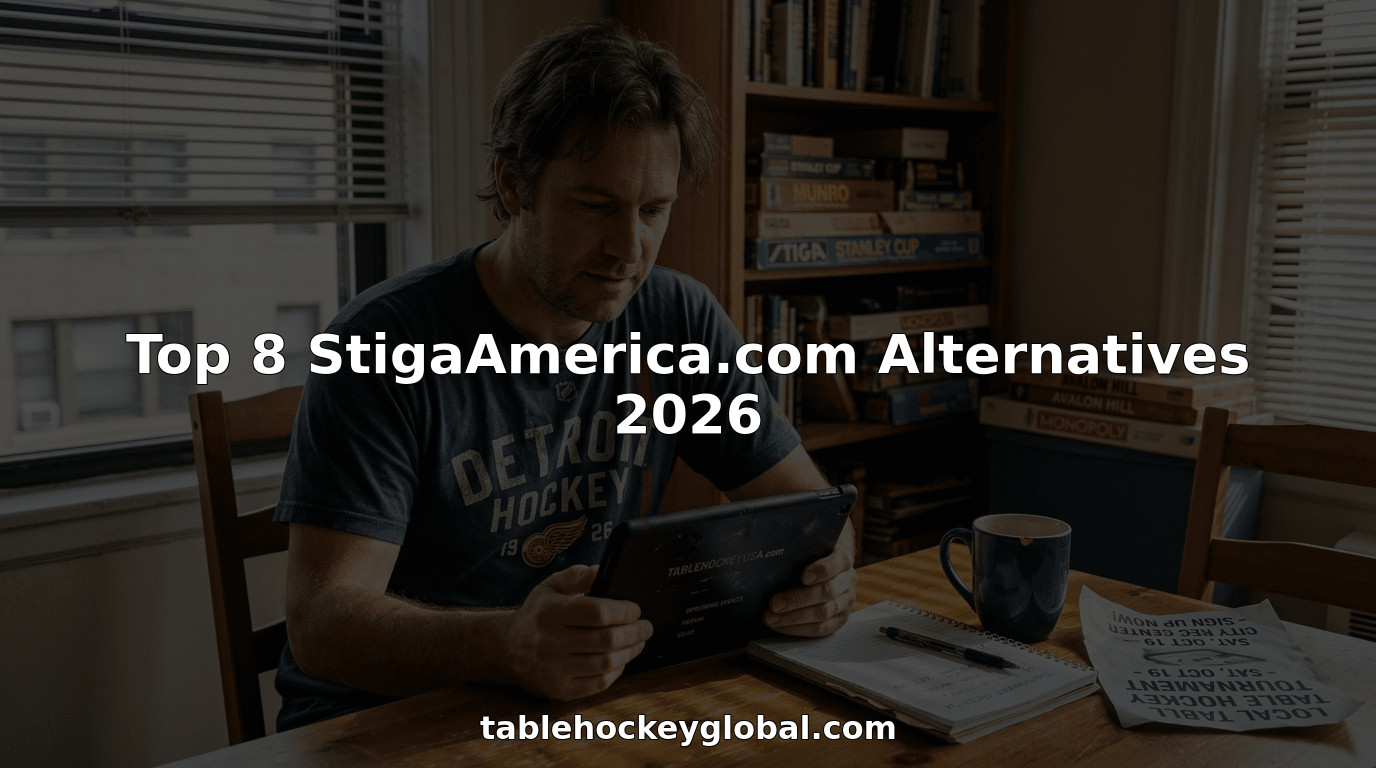 Man comparing table hockey sites at kitchen table