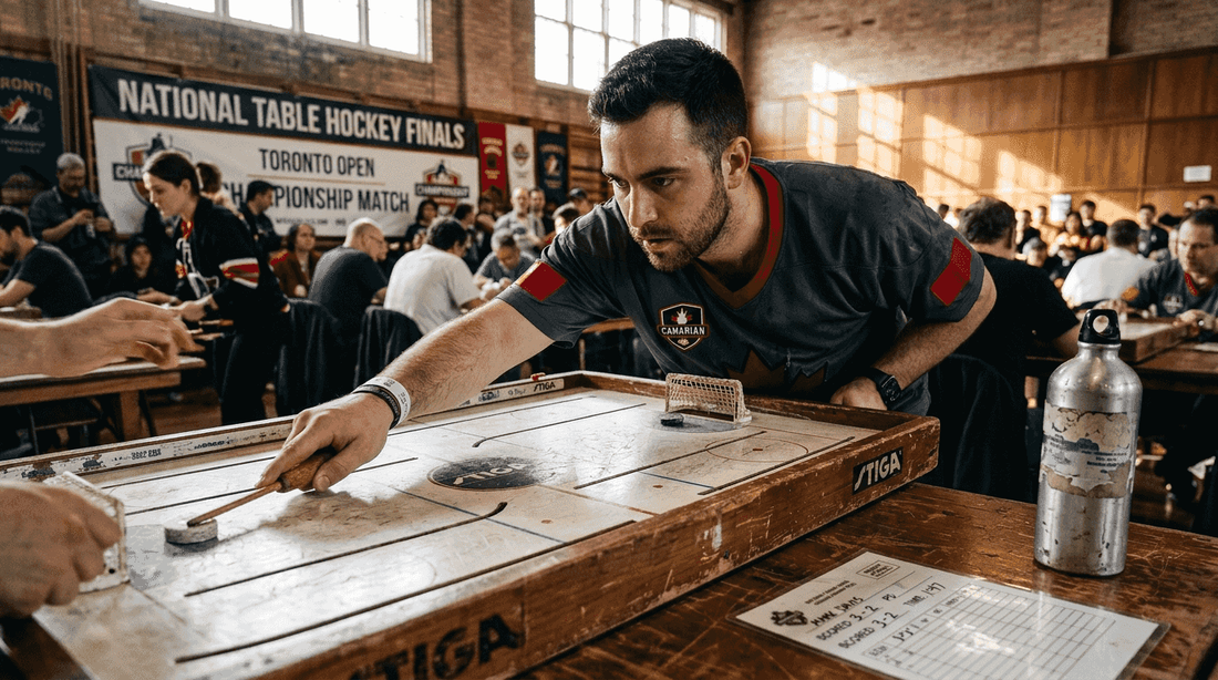 Tournament table hockey player controlling puck