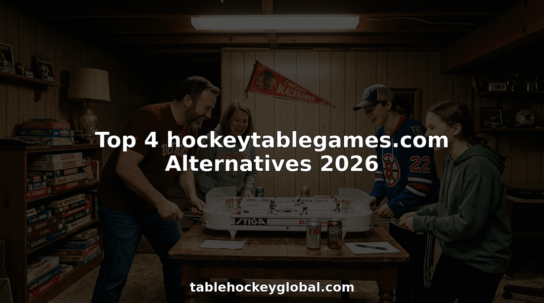 Family playing table hockey in basement game room