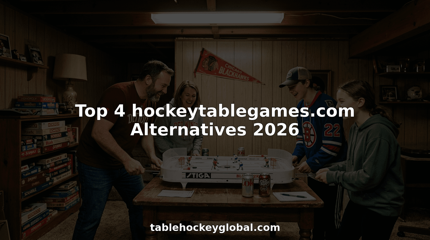 Family playing table hockey in basement game room