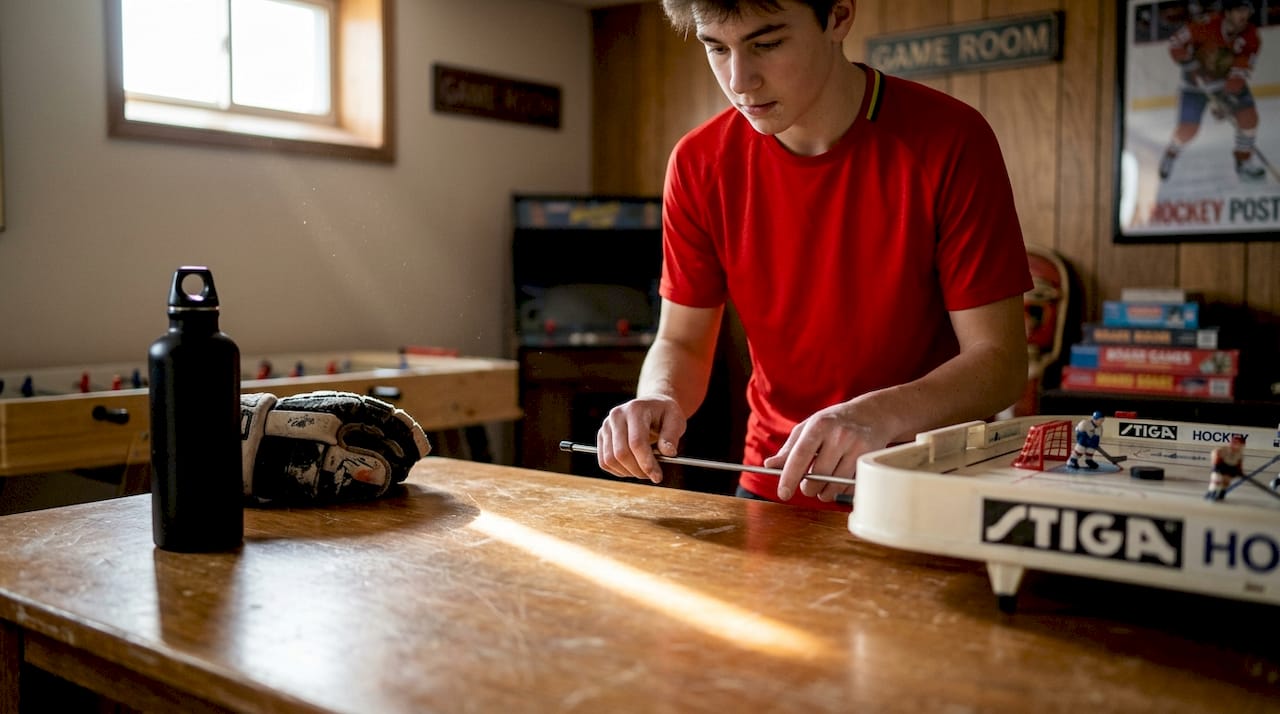 Teen demonstrating correct table hockey rod grip
