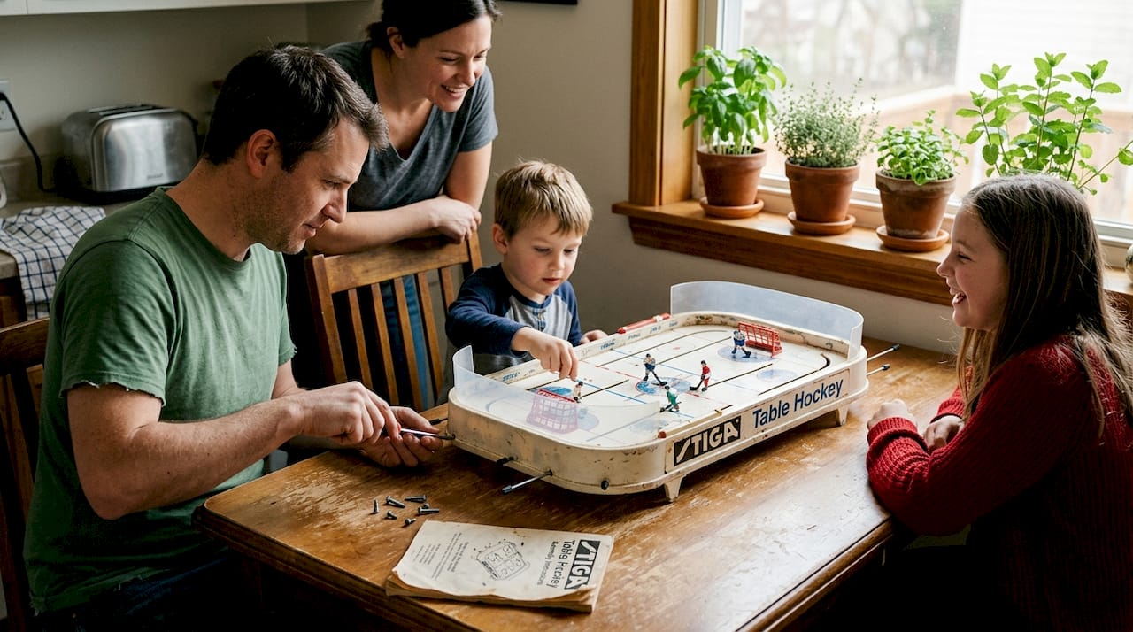 Family repairing and playing table hockey together
