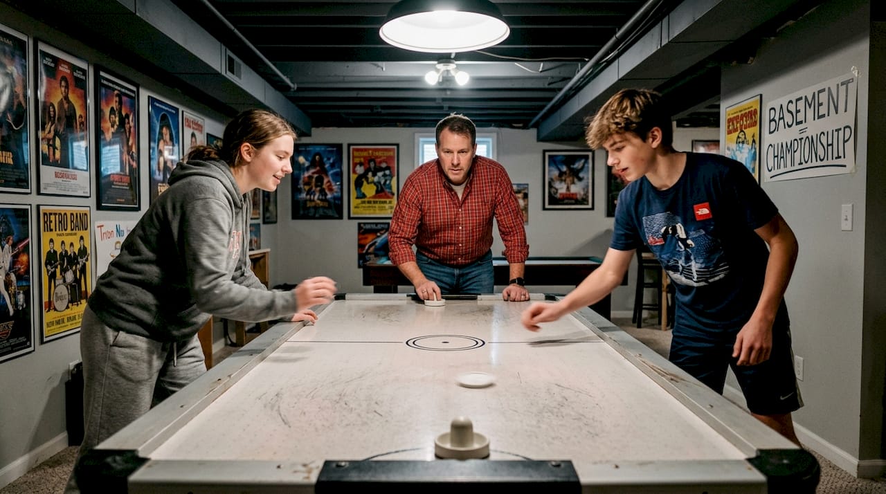 Family playing air hockey in basement setting
