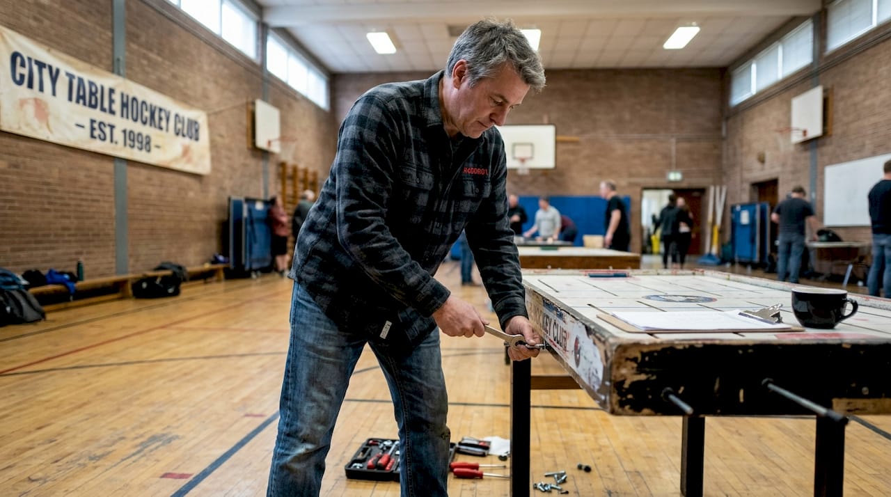 Volunteer assembling table hockey game in gym