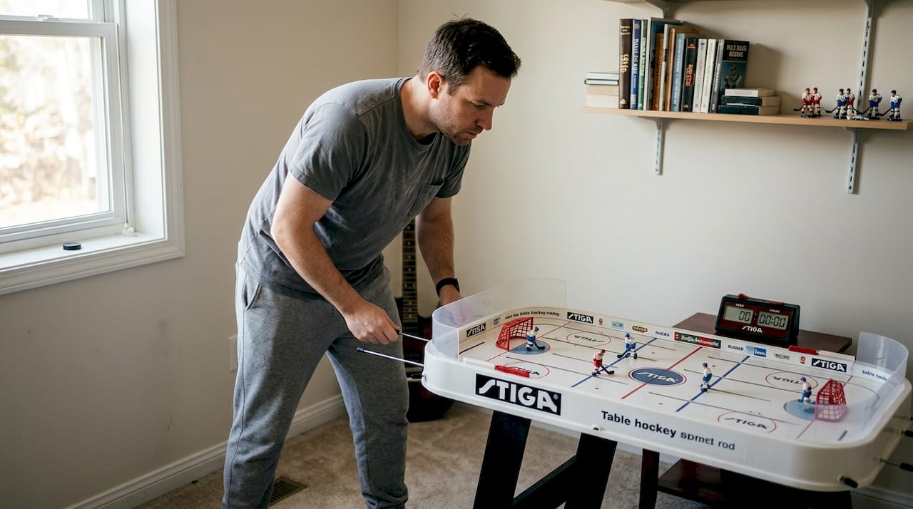 Man practicing table hockey in game room