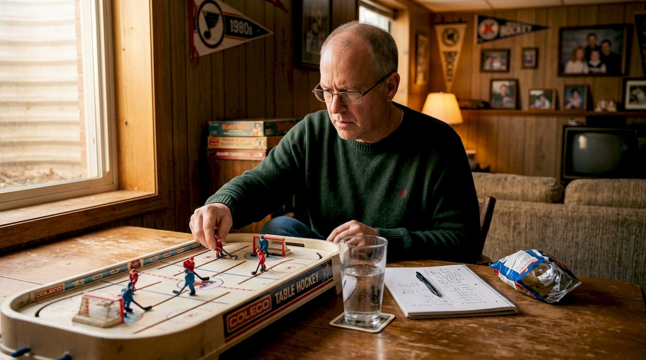 Focused man playing table hockey in basement