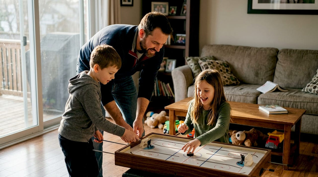 Family bonding over table hockey at home