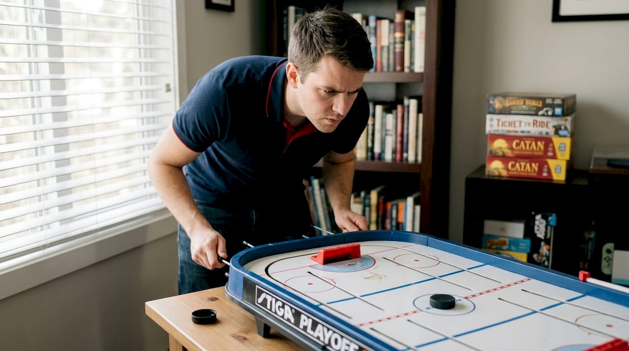 Focused player at table hockey faceoff