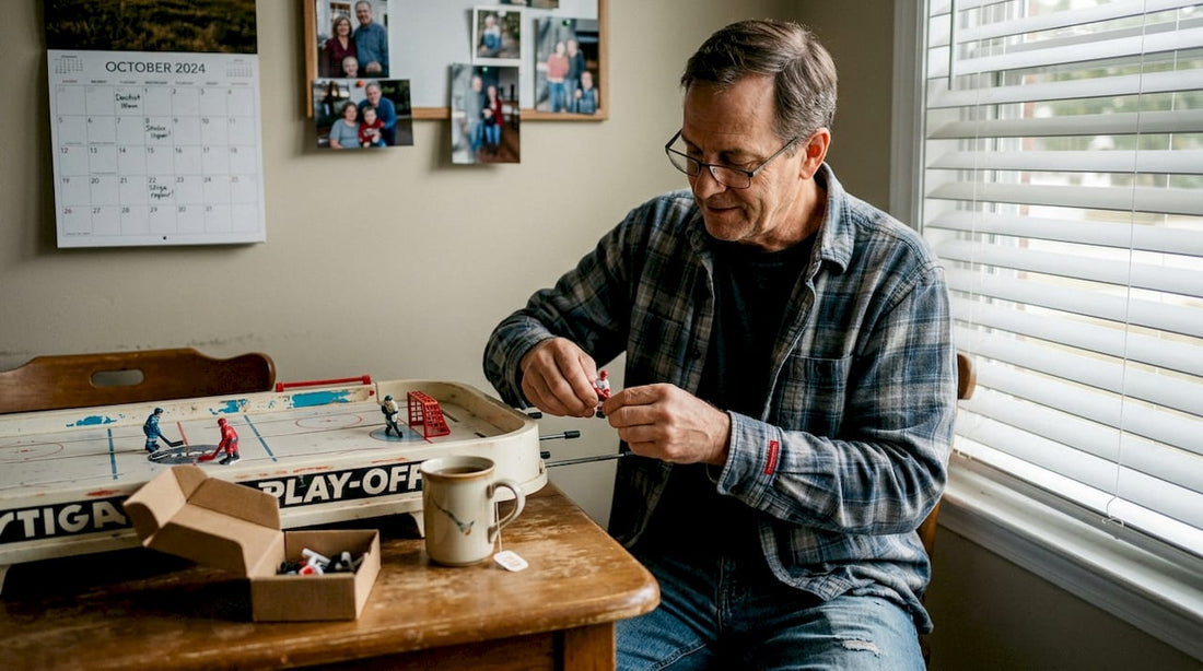 Man setting up vintage Stiga Play-off table hockey