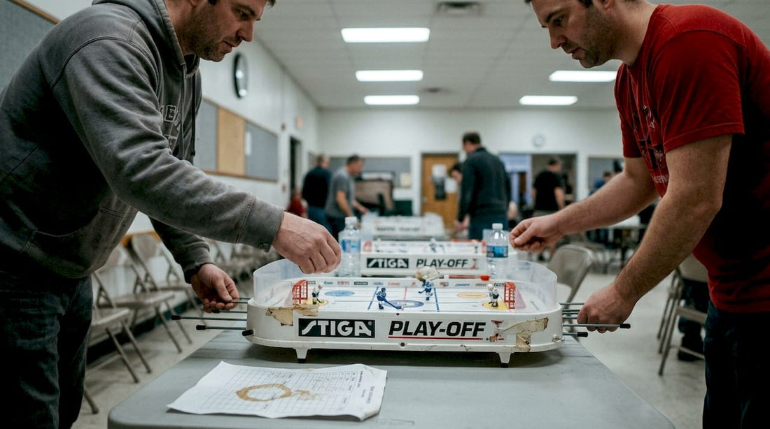 Players compete in championship table hockey match