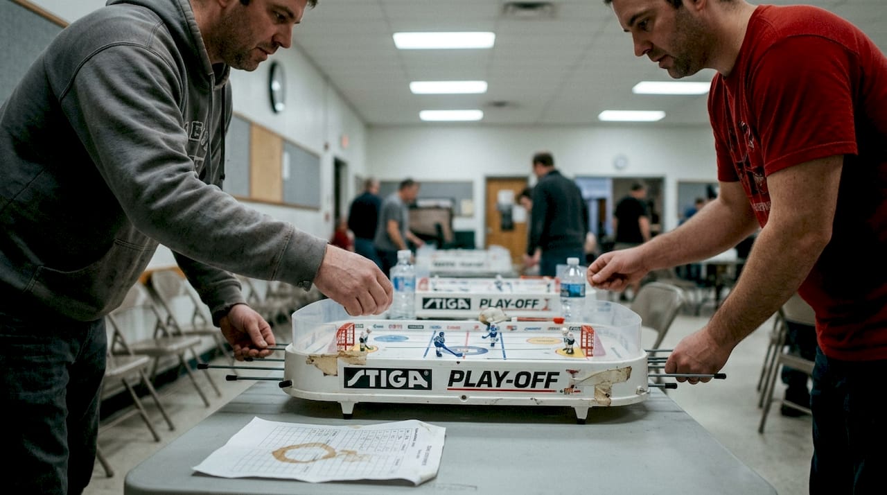 Players compete in championship table hockey match