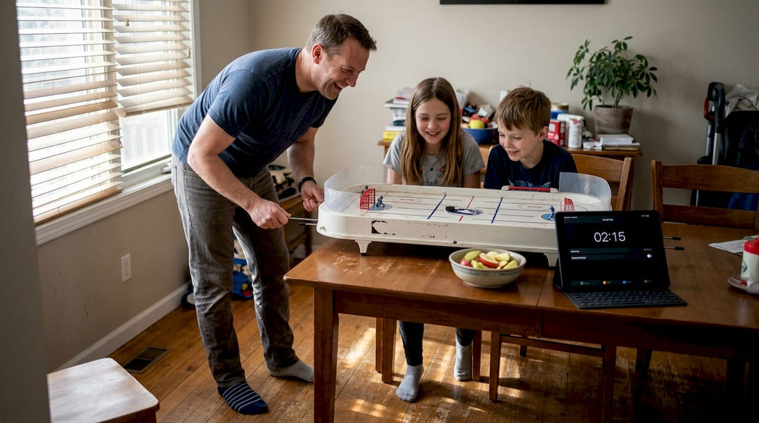 Family playing table hockey in home setting