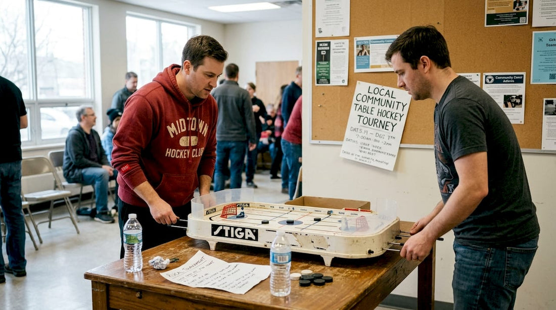 Players competing in relaxed table hockey match