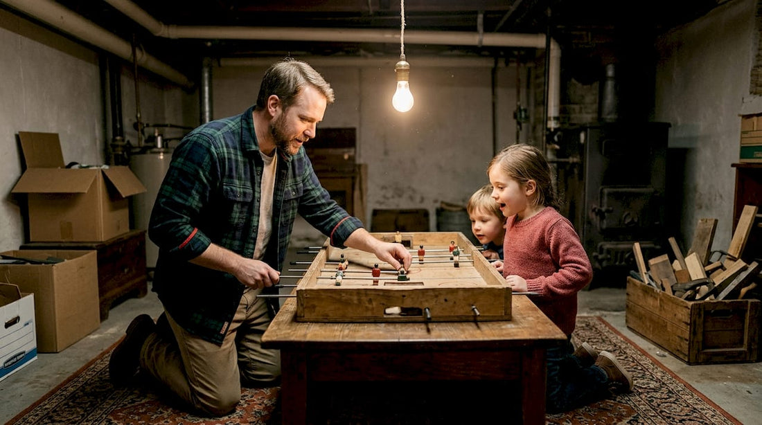 Family playing homemade table hockey game