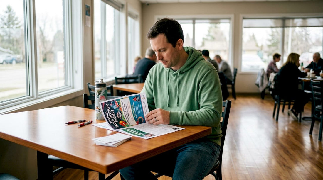 Man reviewing table hockey event flyer