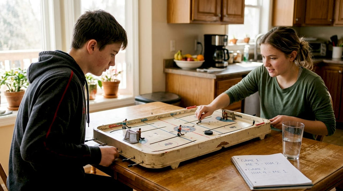 Table hockey players moving rods in action