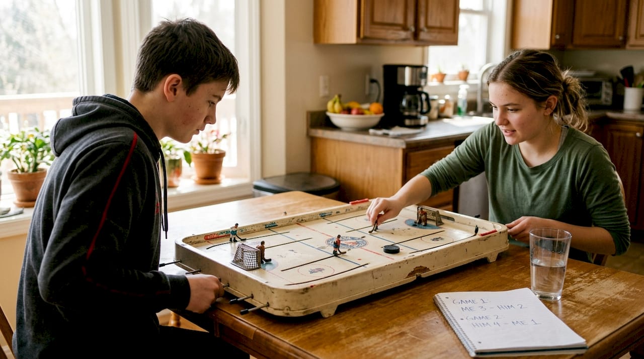 Table hockey players moving rods in action