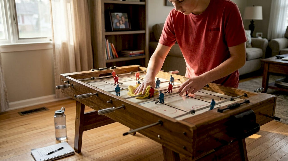 Teen wiping table hockey rods for practice