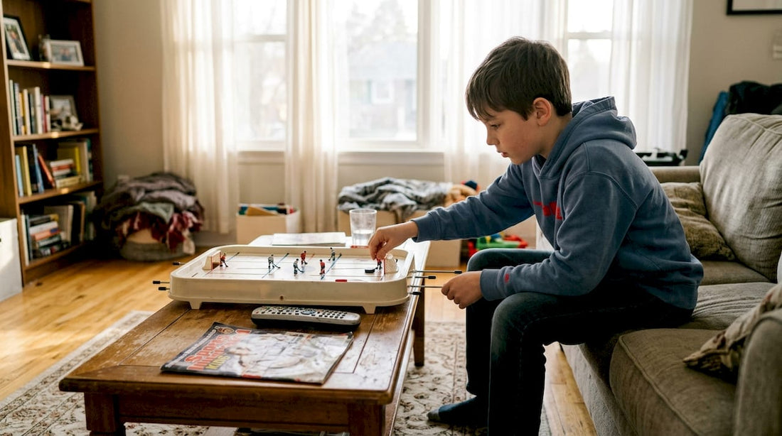Young boy practicing patient table hockey moves