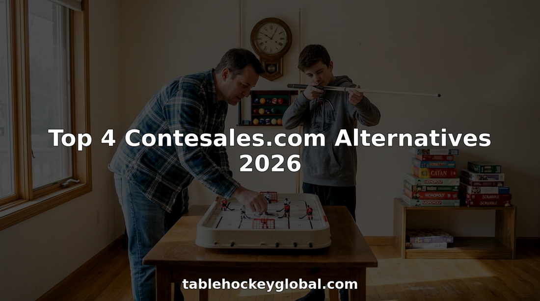 Family comparing table hockey set and billiard cue in home game room