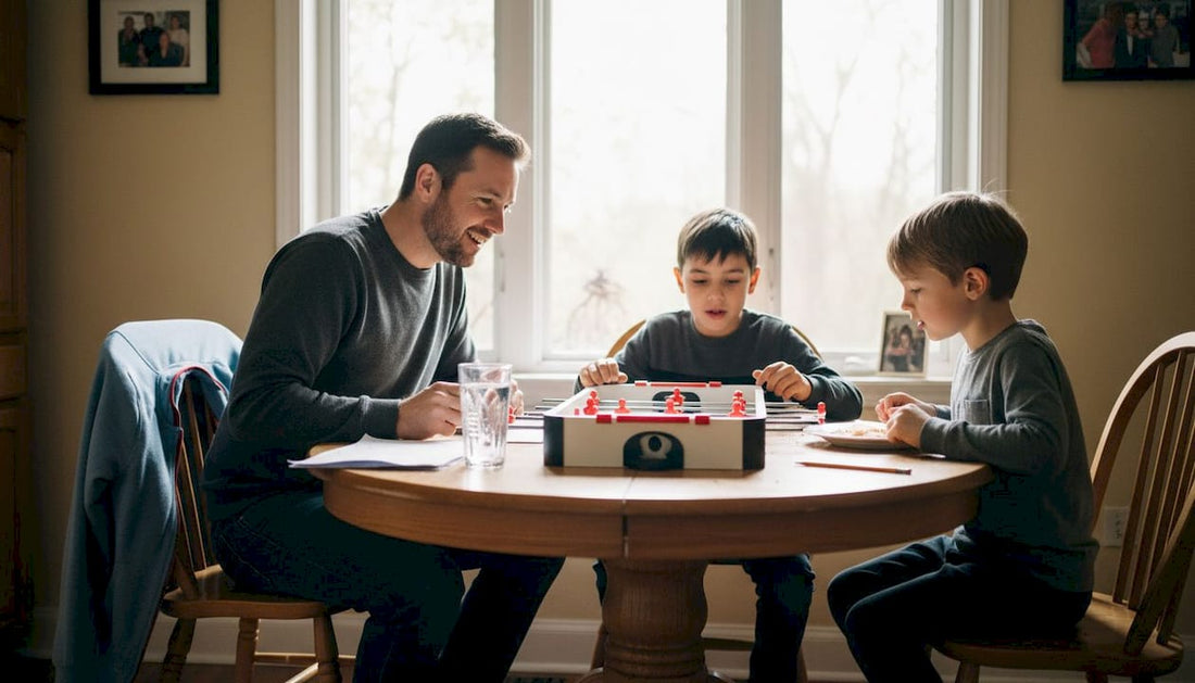 Parent observes kids playing table hockey