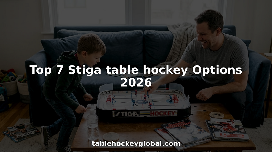 Father and son playing Stiga table hockey at home