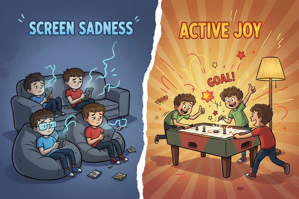 Cartoon option 5: Bored screen time vs action-packed table hockey
