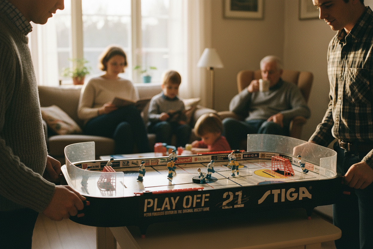 Family playing STIGA table hockey PlayOff 21 in living room