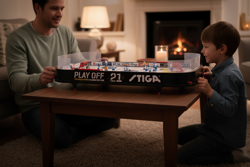 STIGA table hockey on living room table with people around