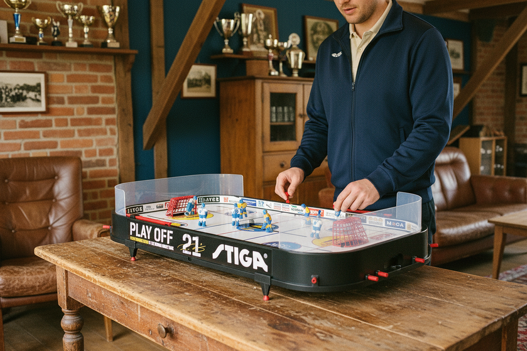 STIGA table hockey with trainer silhouette in rustic setting