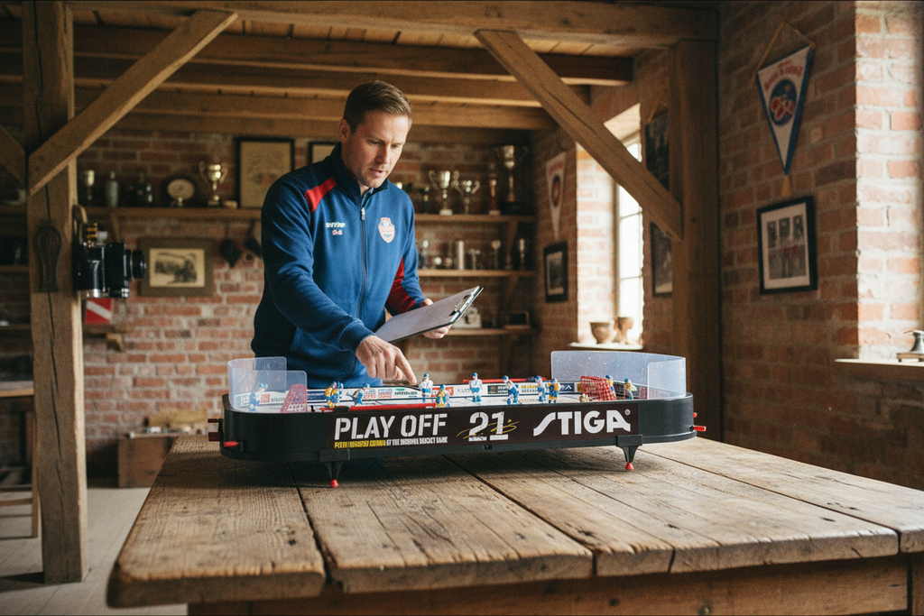 Table hockey coach with clipboard