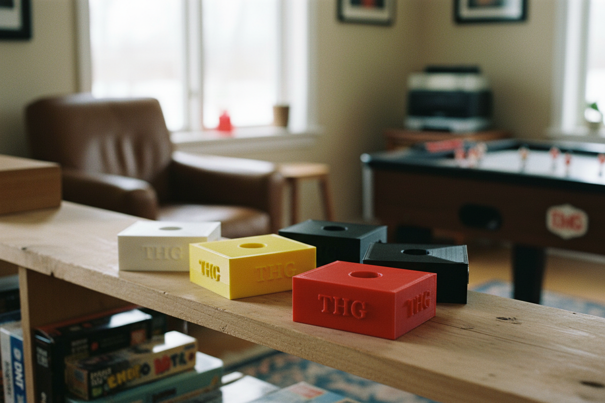 Table Hockey Holders in yellow, white, black, and red